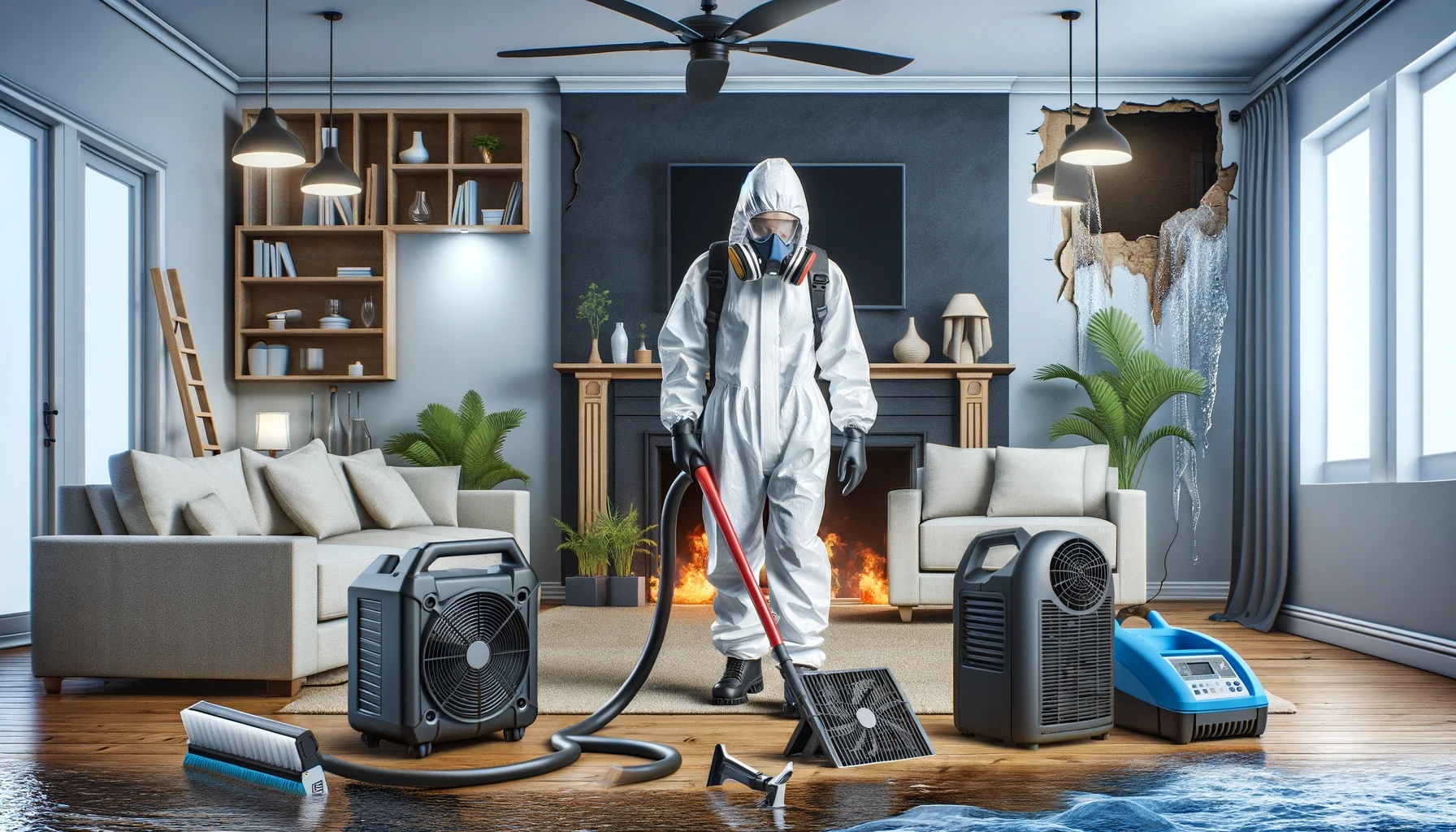 Realistic banner image for a blog about water damage restoration tips, showing a professional in protective gear restoring a home affected by water