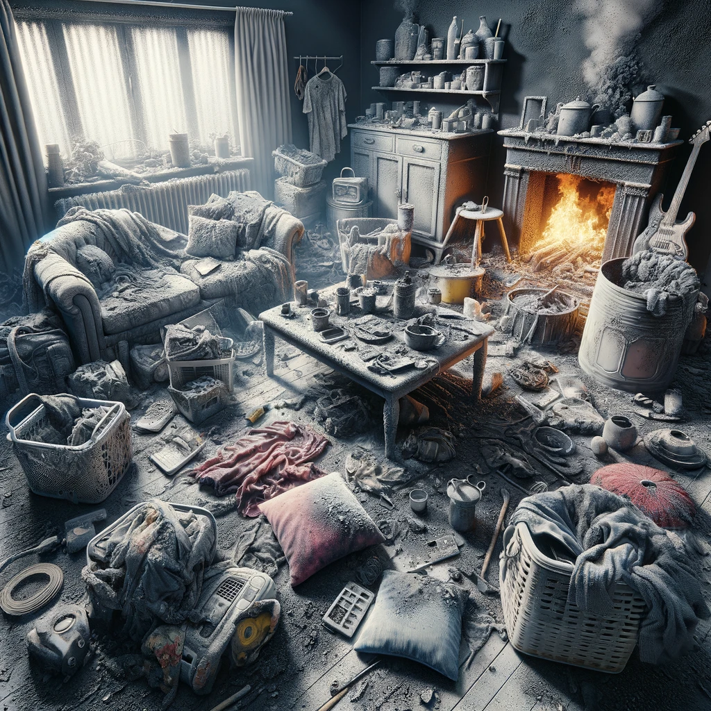 An image showing the effects of smoke damage inside a room.