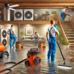 Here is the image depicting the process of drying out a basement after a flood. It shows professionals using pumps and wet vacuums to remove standing water, high-powered fans and dehumidifiers for drying, and workers cleaning and sanitizing surfaces.