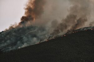 Flood damage after wildfire risk on a burned Los Angeles County hillside