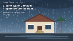 Home 82 Illustration of a Los Angeles house in a heavy El Niño rainstorm with sandbags at the door and an overflowing gutter